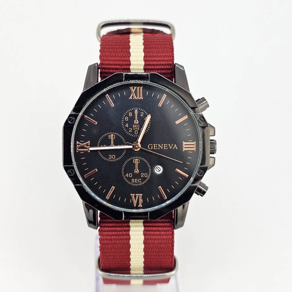 42MM Men's Watch Black Dial Date Indicator Red Cream Nylon Band New Battery